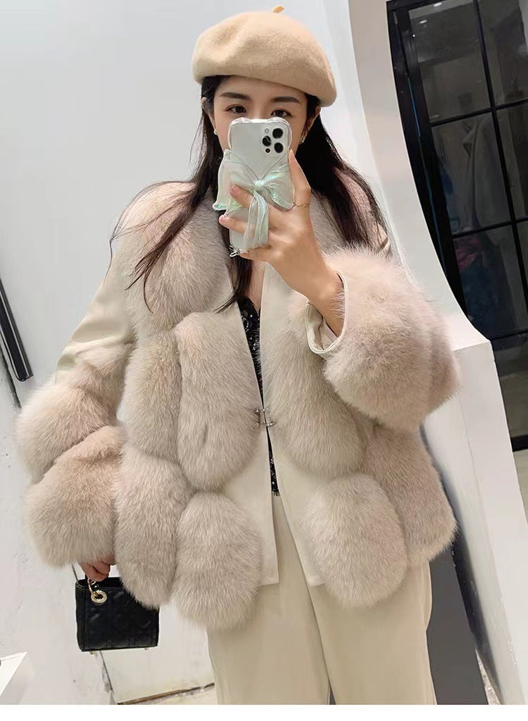 Women's Black And White Contrast Fur Coat