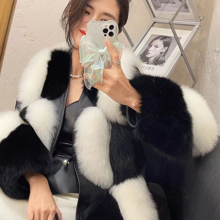 Women's Black And White Contrast Fur Coat