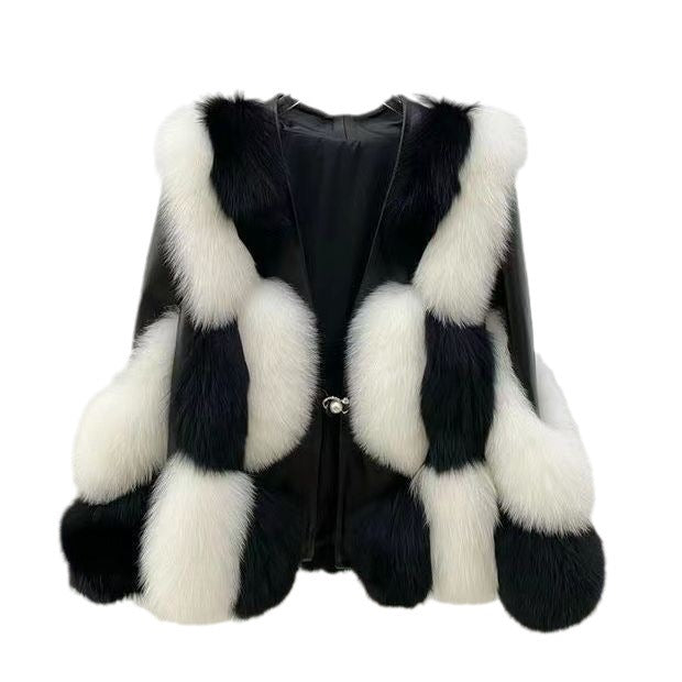 Women's Black And White Contrast Fur Coat