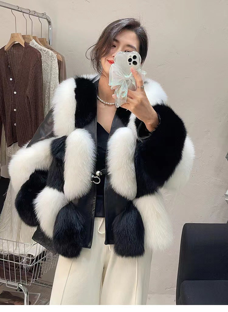 Women's Black And White Contrast Fur Coat