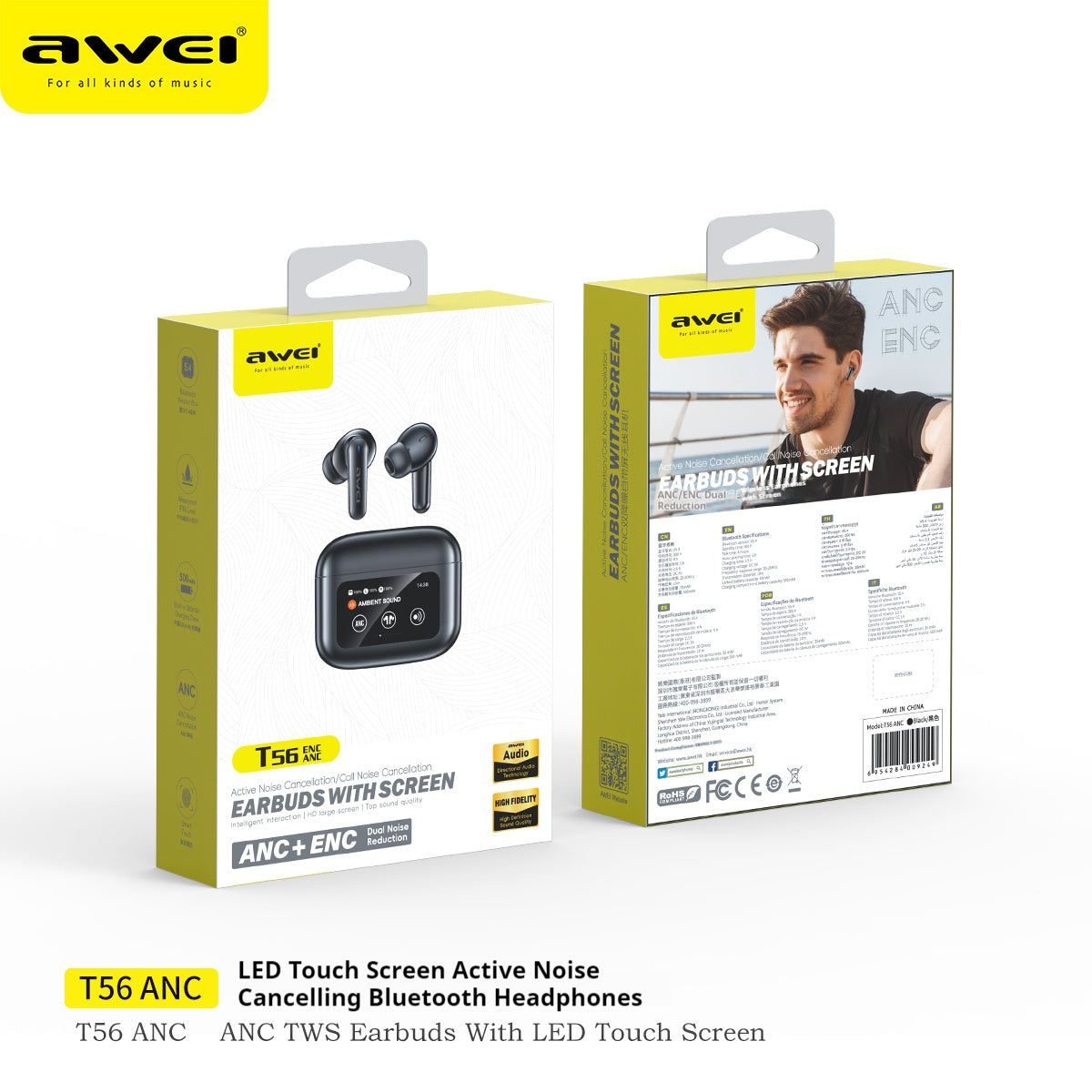 AWEI LED Touch Screen Active Noise Cancelling Bluetooth Headset