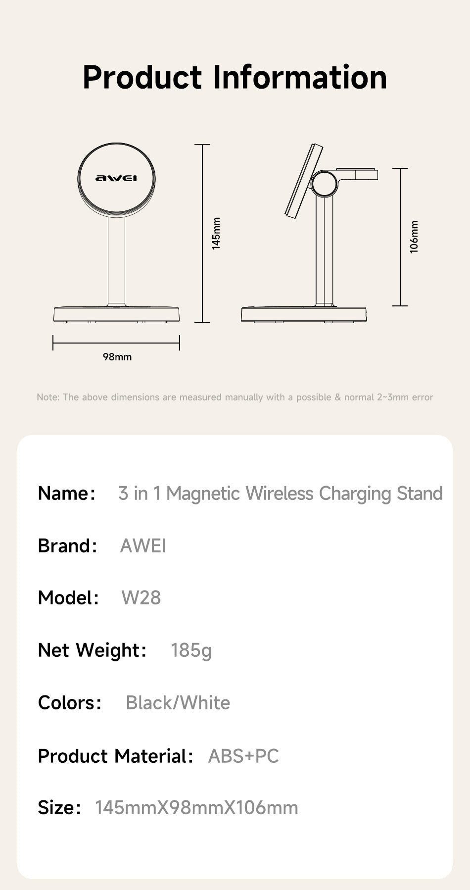 AWEI 3-in-1 Multi-function Wireless Charger