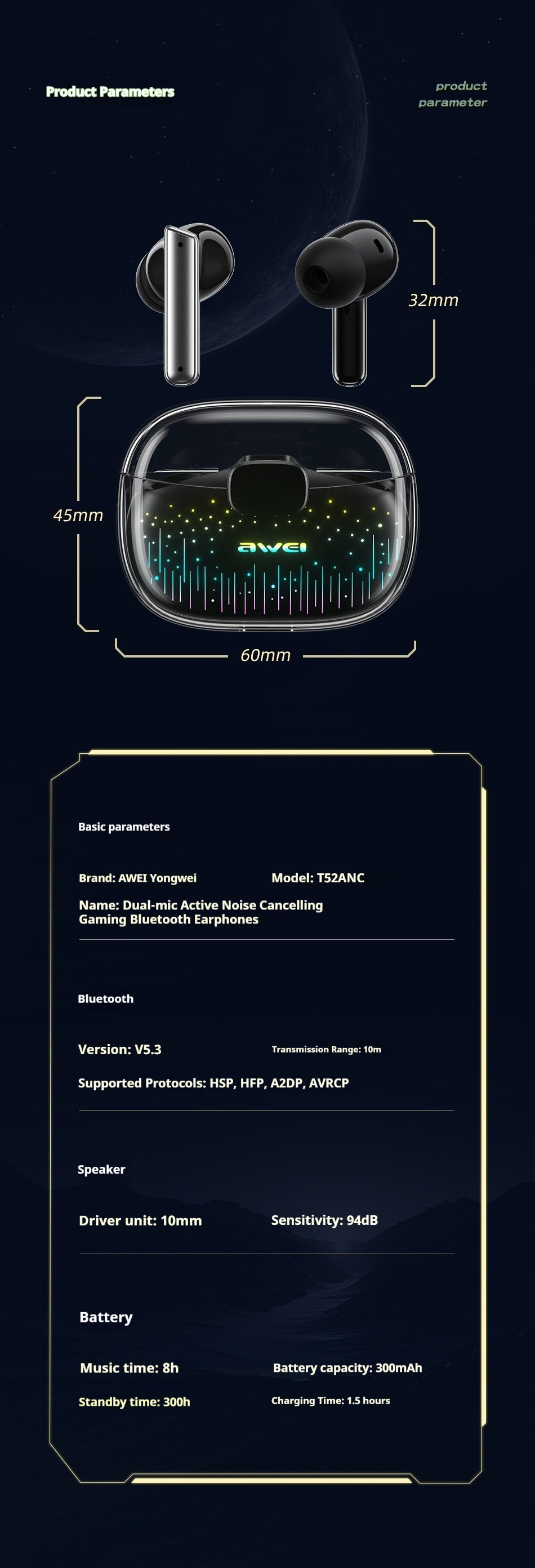 AWEI Starry Sky Dual Microphone Active Noise Cancelling Gaming Bluetooth Headset